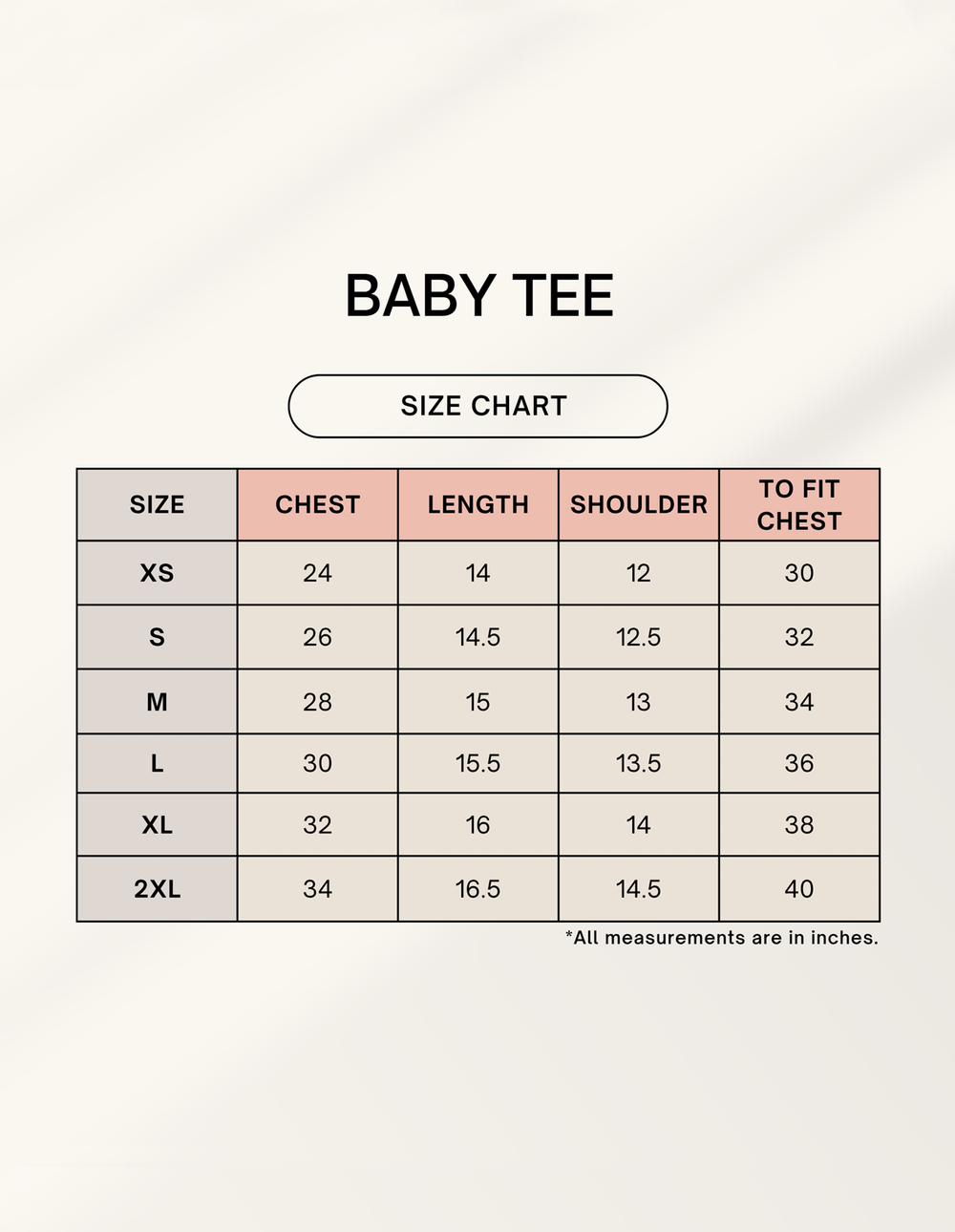Size guide for Dreamy Bunny Embroidered Baby Tee