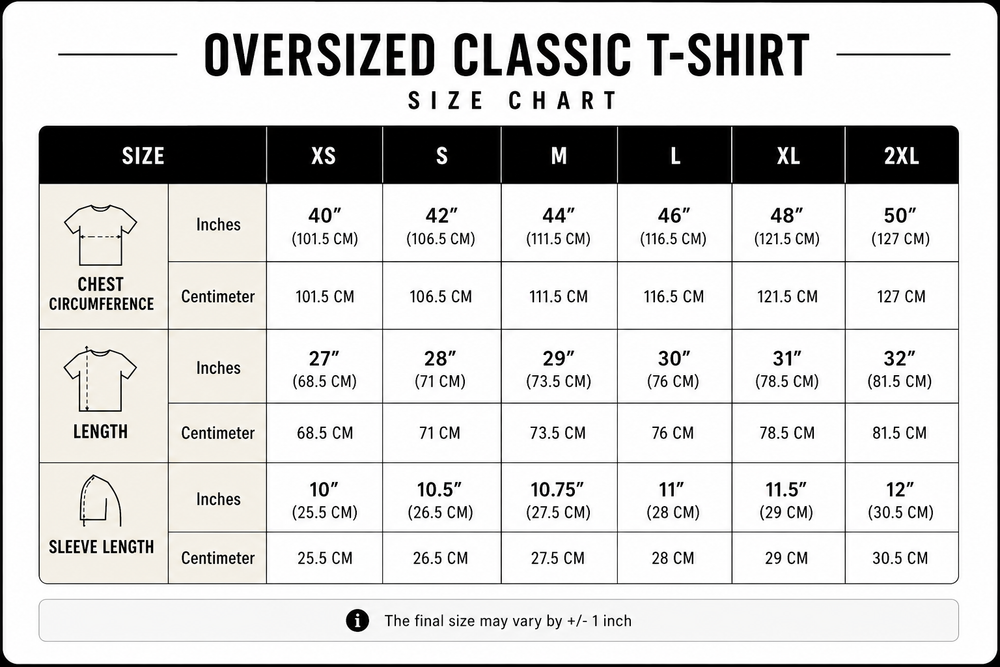 Size guide for Be Bold- (unisex) oversized tees-