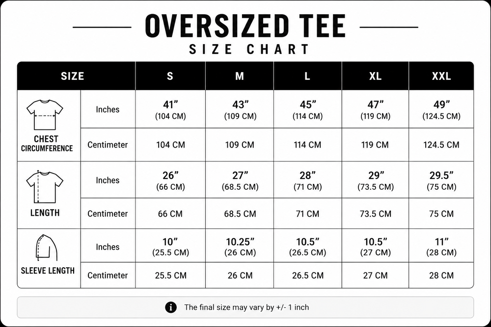Size guide for Legacy Never Dies – Oversized Faded Tee